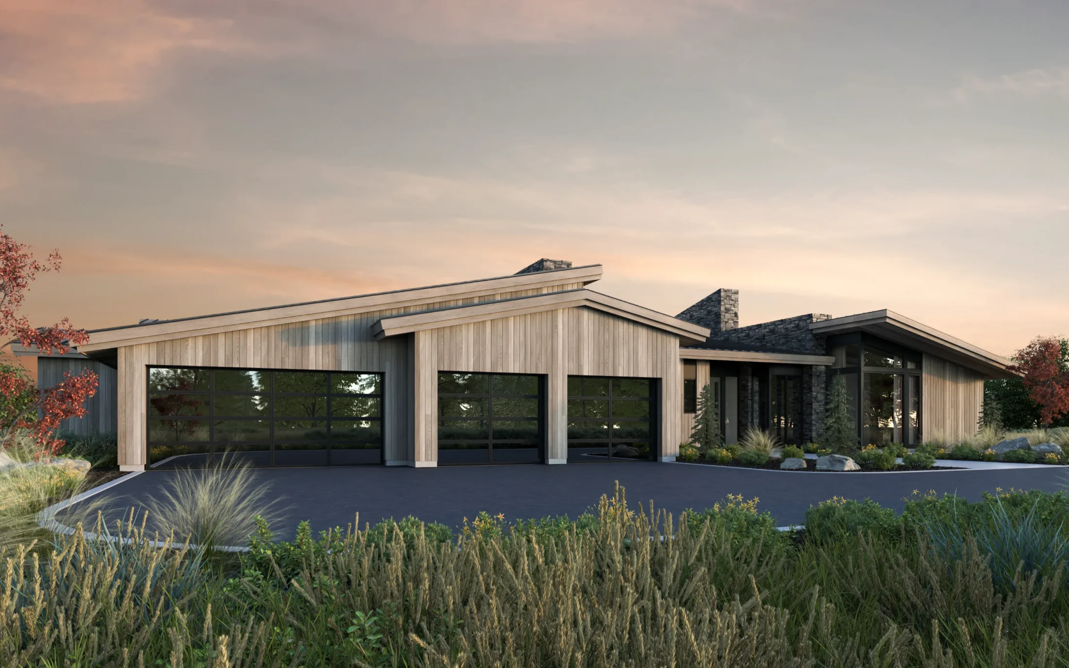 The Pollock front exterior rendering at sunset