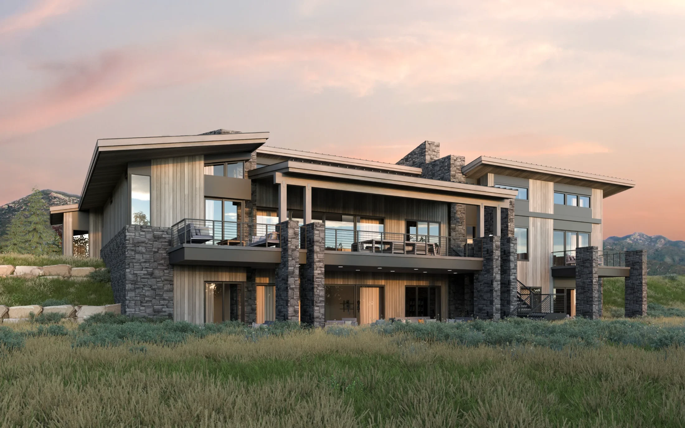 The Pollock rear exterior rendering at sunset