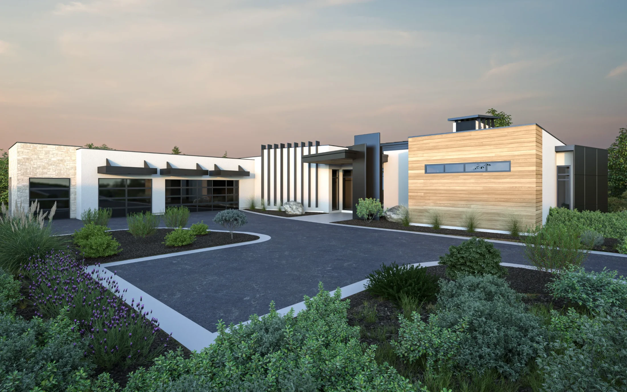The Stella front exterior rendering at sunset