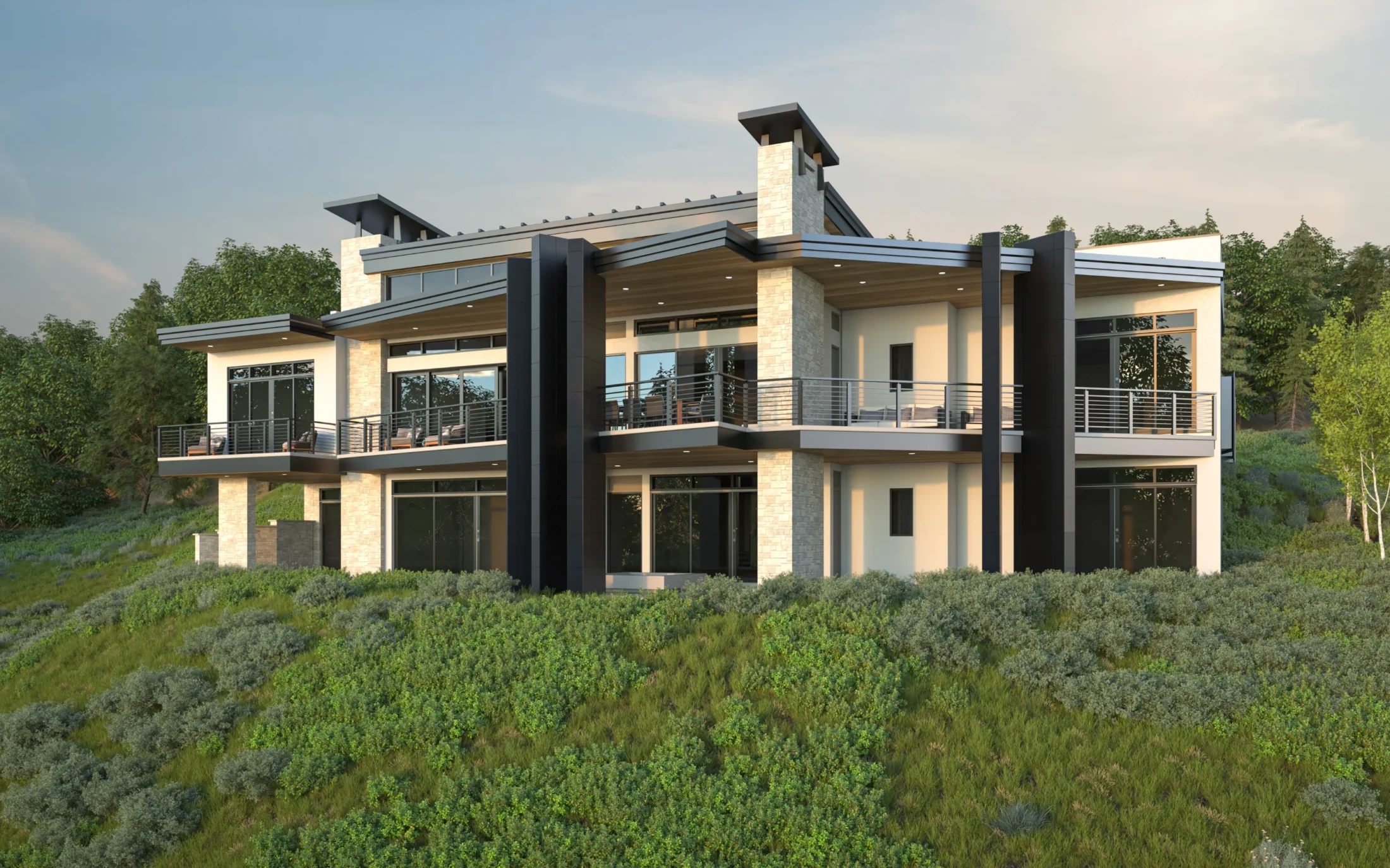The Stella rear exterior rendering at sunset