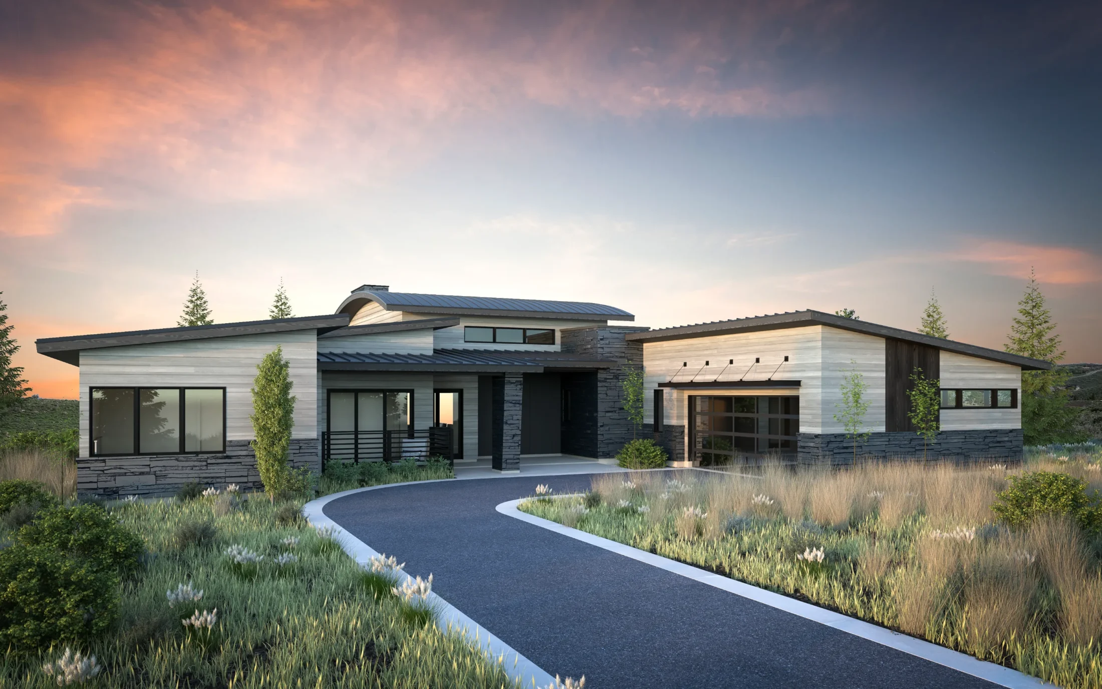 The Picasso front exterior rendering at sunset